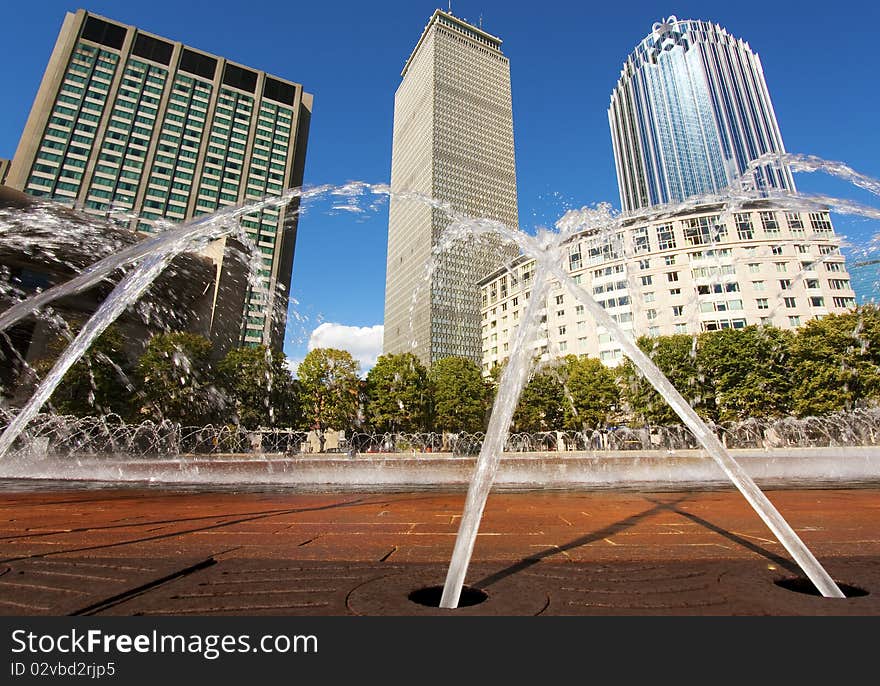 View of the fountain in front of the Prudential Tower in Boston, Massachusetts - USA.