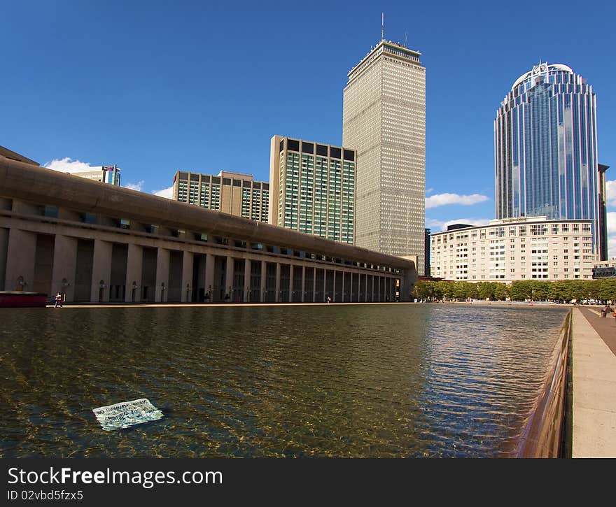 View of the pond in front of the Prudential Tower in Boston, Massachusetts - USA.