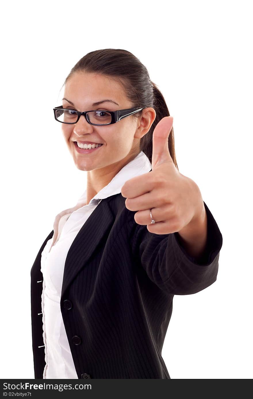 Smiling business woman showing ok on white background. Smiling business woman showing ok on white background