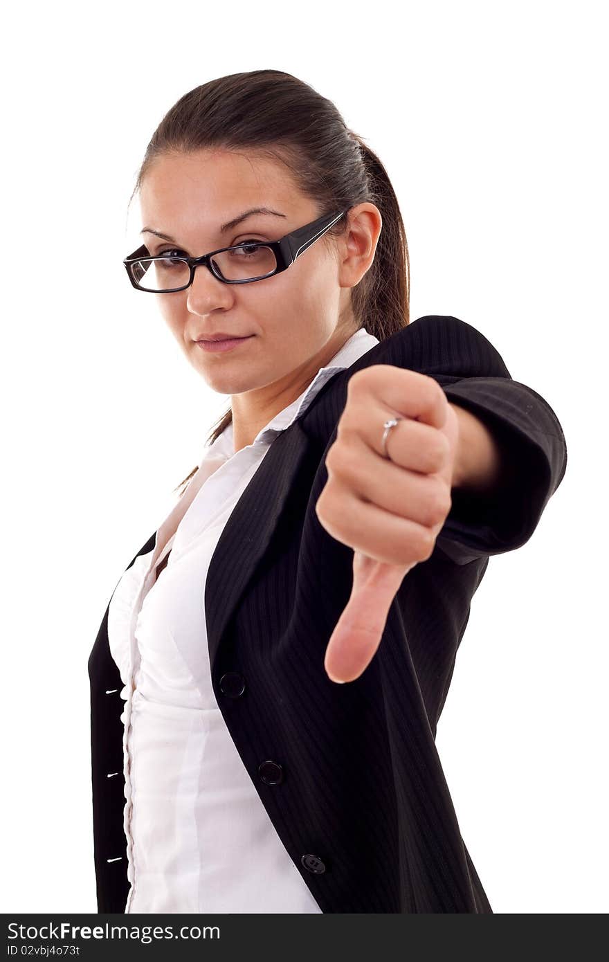 Young business woman gesturing thumbs down over white