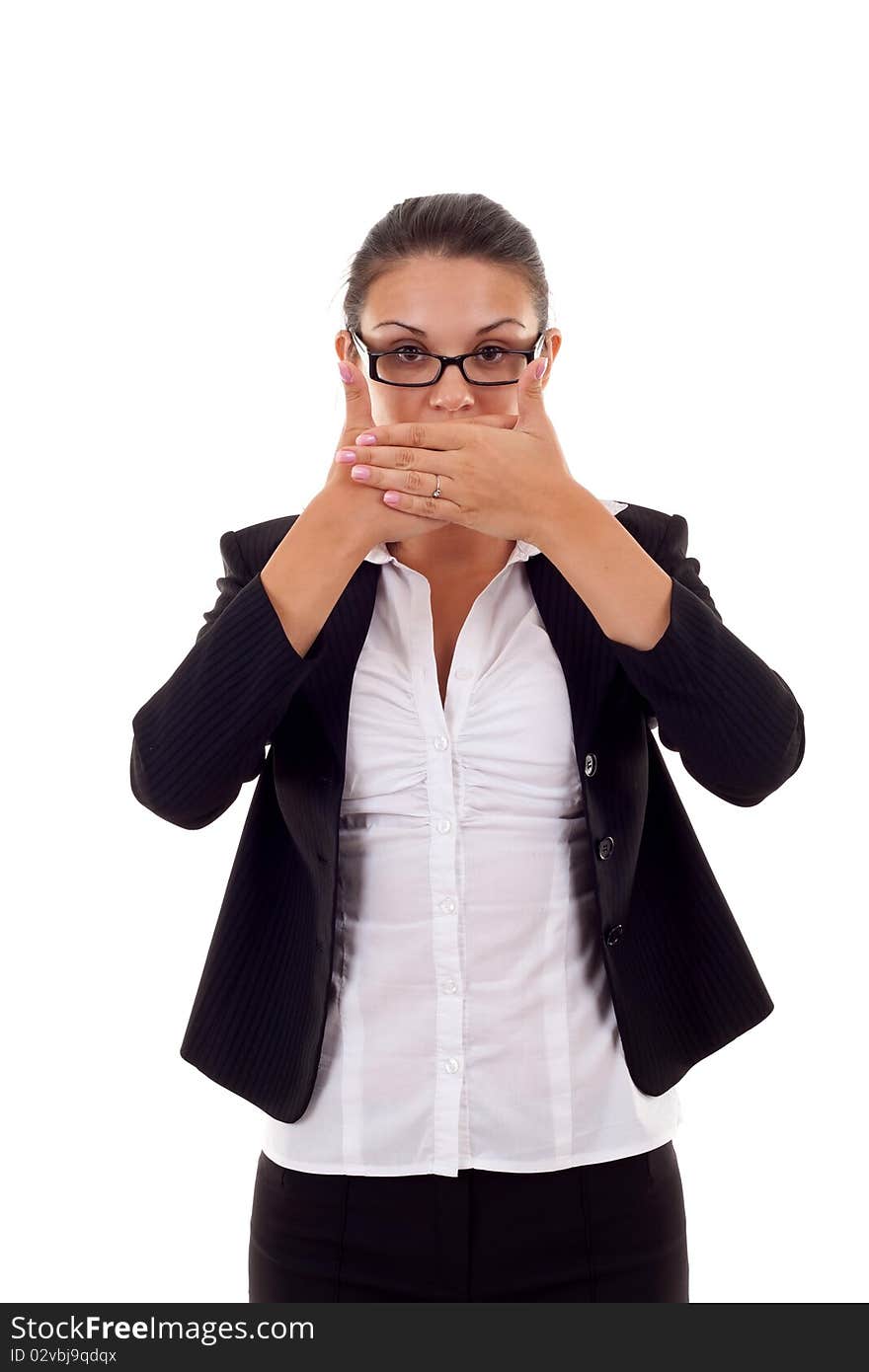 Business woman in the Speak No Evil pose over white