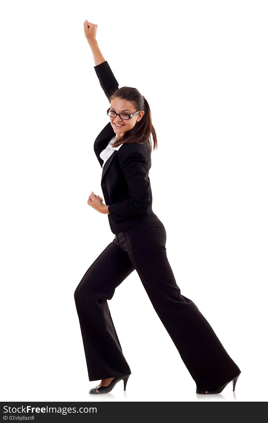 Pretty joyous business woman celebrating success over white background