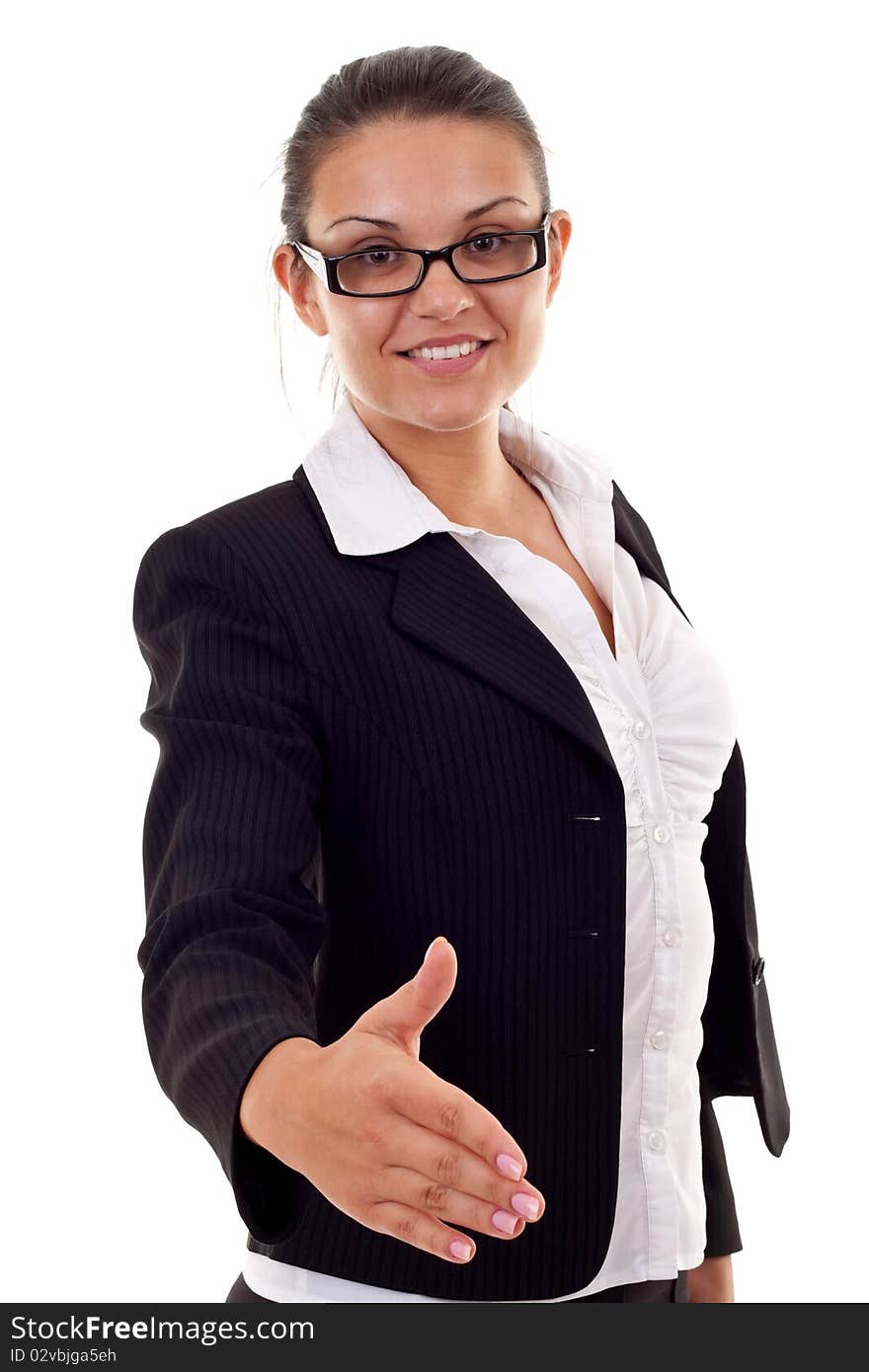 Business woman giving hand for handshake, isolated on white