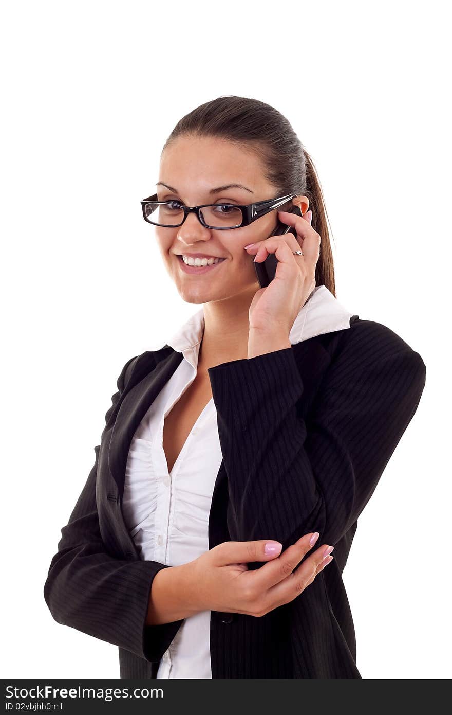 Business woman speaking on the phone. Isolated on the white background. Business woman speaking on the phone. Isolated on the white background