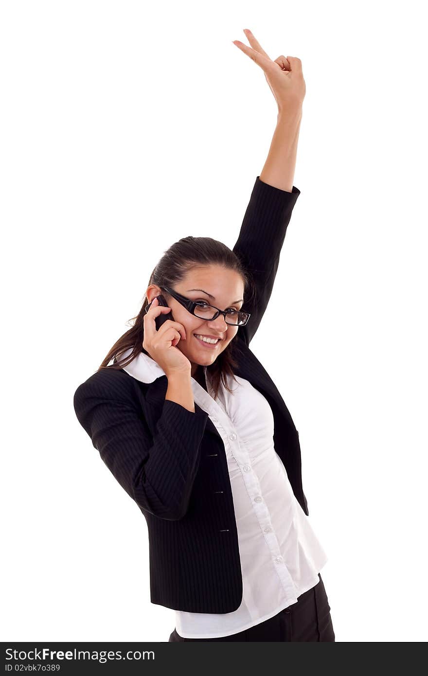 Attractive business woman on the phone winning over white