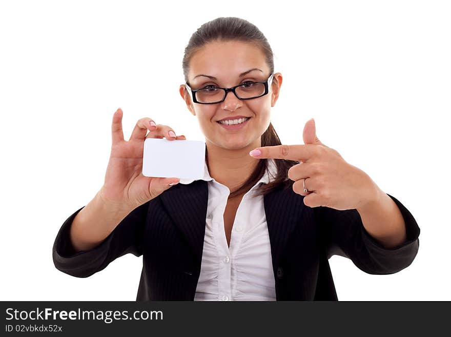 Portrait of business woman in suit holding her visiting card. Portrait of business woman in suit holding her visiting card