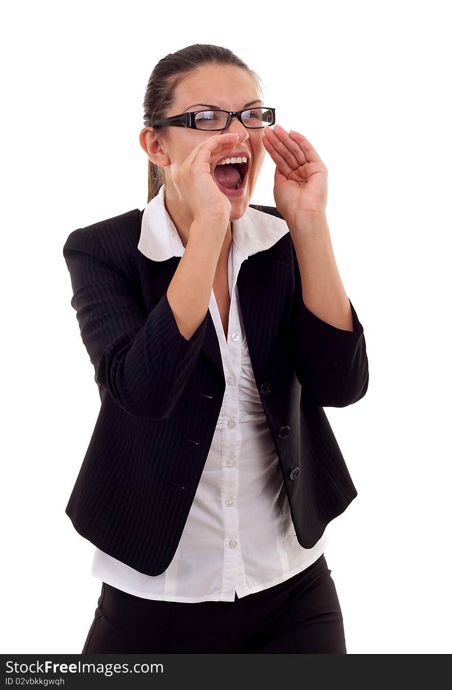 Young business woman shouting, isolated on white background