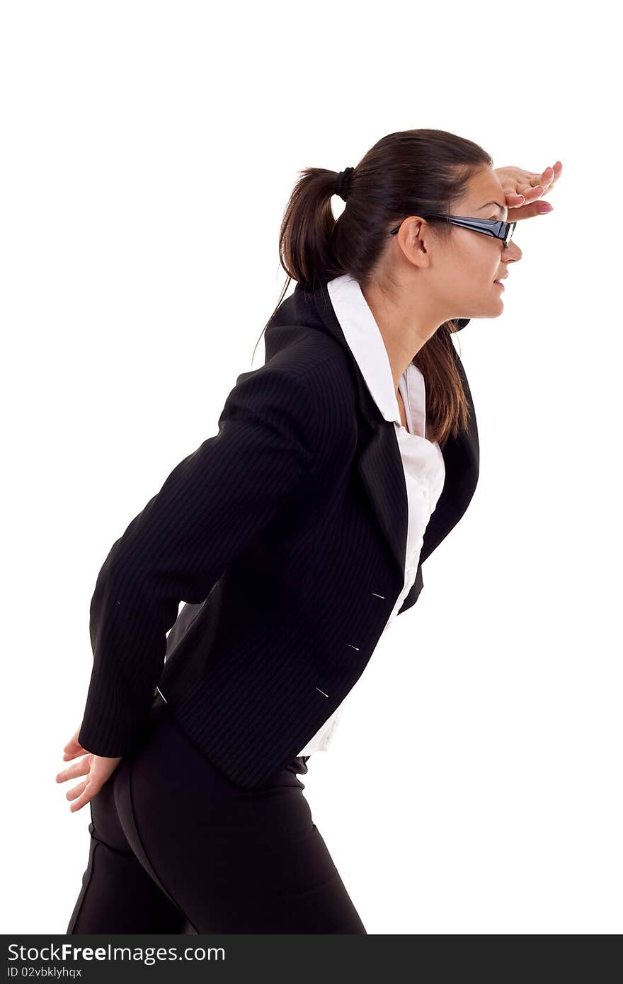 Picture of a young business woman looking forward over white