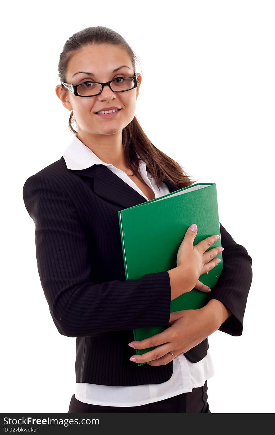 Portrait of smiling busy business woman with folder, isolated on white