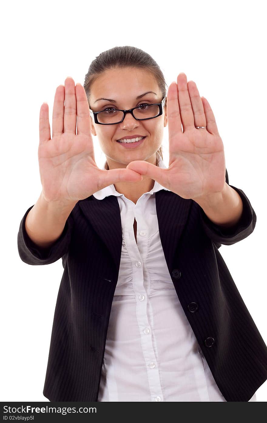 Business woman showing framing hand gesture - isolated on white