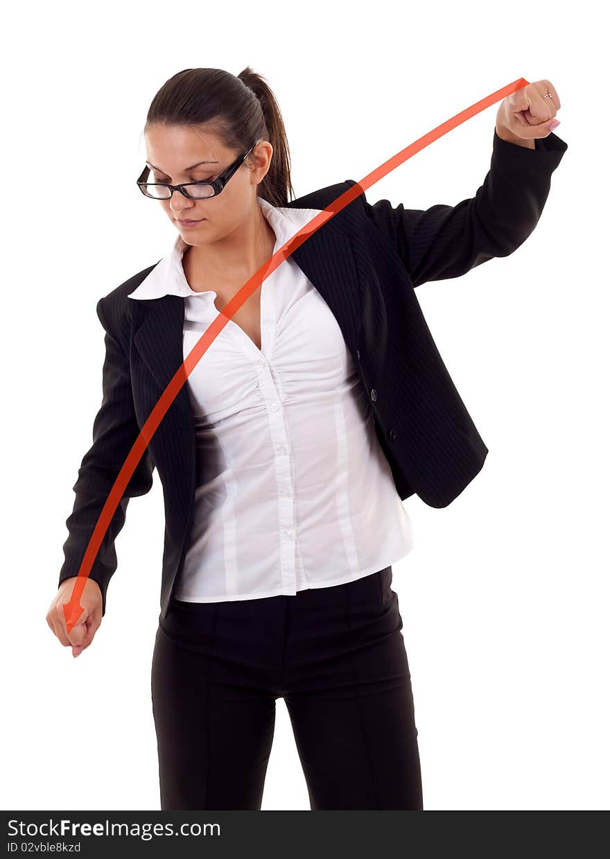 Business woman drawing a graph - crisis , over white