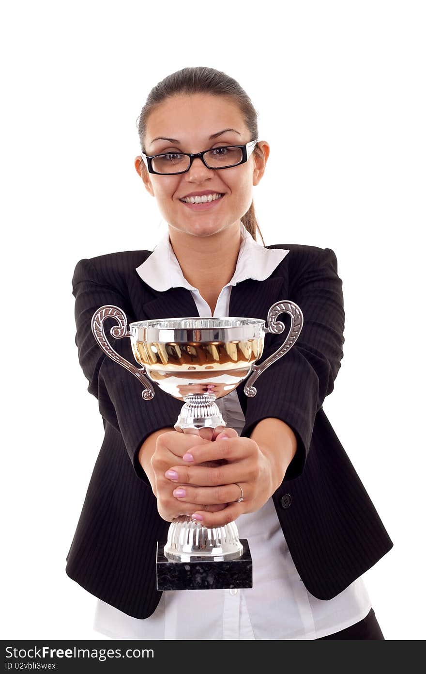 Woman Handing Out A Gold Trophy