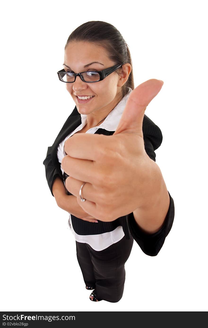 Wide angle picture of a happy successful business woman making ok sign