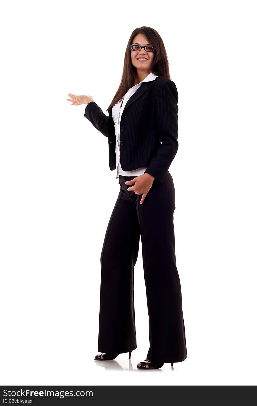 Attractive business woman in suit presenting over white background. Attractive business woman in suit presenting over white background