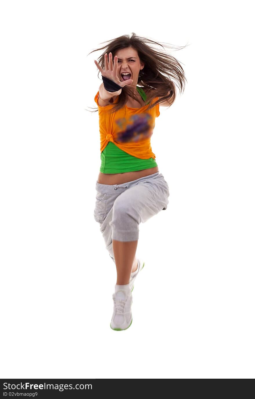 Stylish and cool looking woman breakdancer jumping