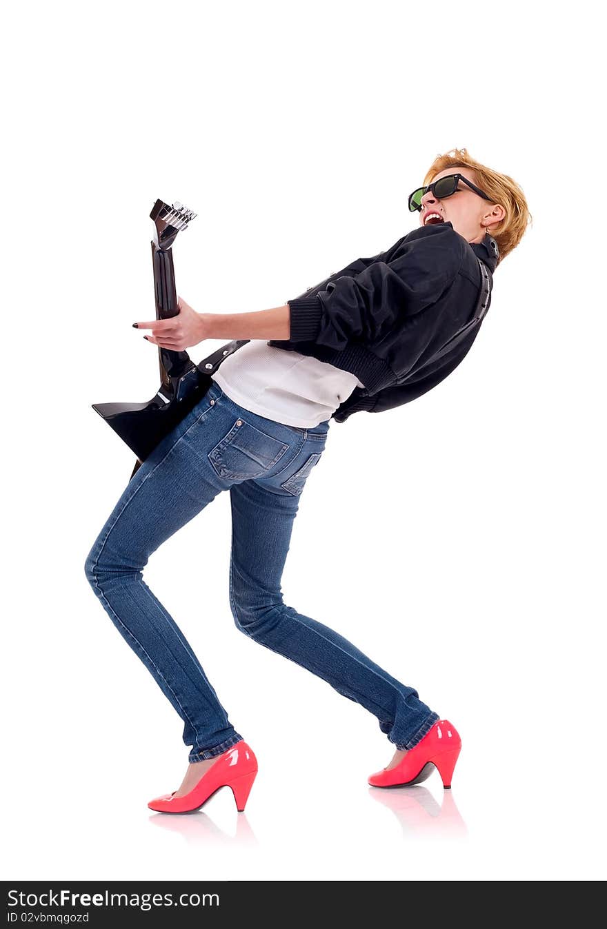 Back picture of a girl with a guitar on a white background. Back picture of a girl with a guitar on a white background