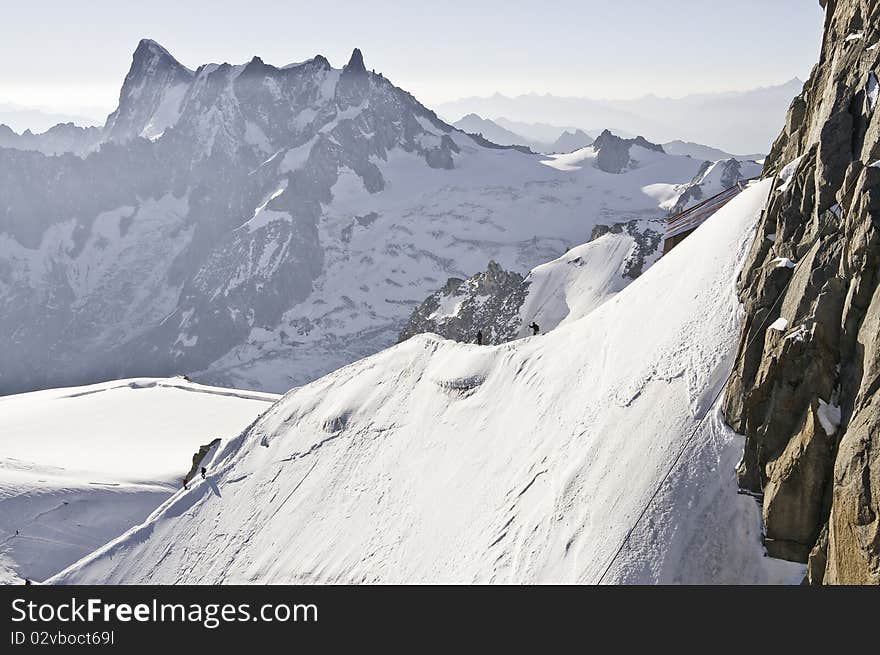 Since l 'Aiguille du Midi, 3842 meters, you can see the climbers down the mountain ridge