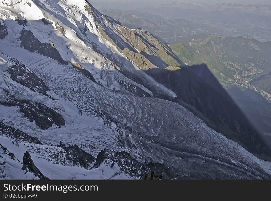 On the slopes of Mont-Blanc, you can see the Glacier des Bossons