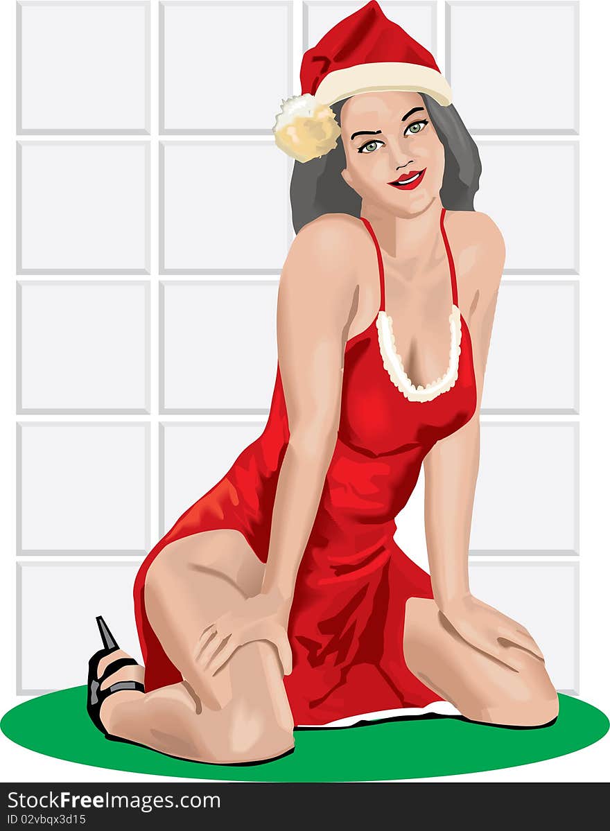 Illustration of a brunnette santa helper with a teasing smile. Illustration of a brunnette santa helper with a teasing smile