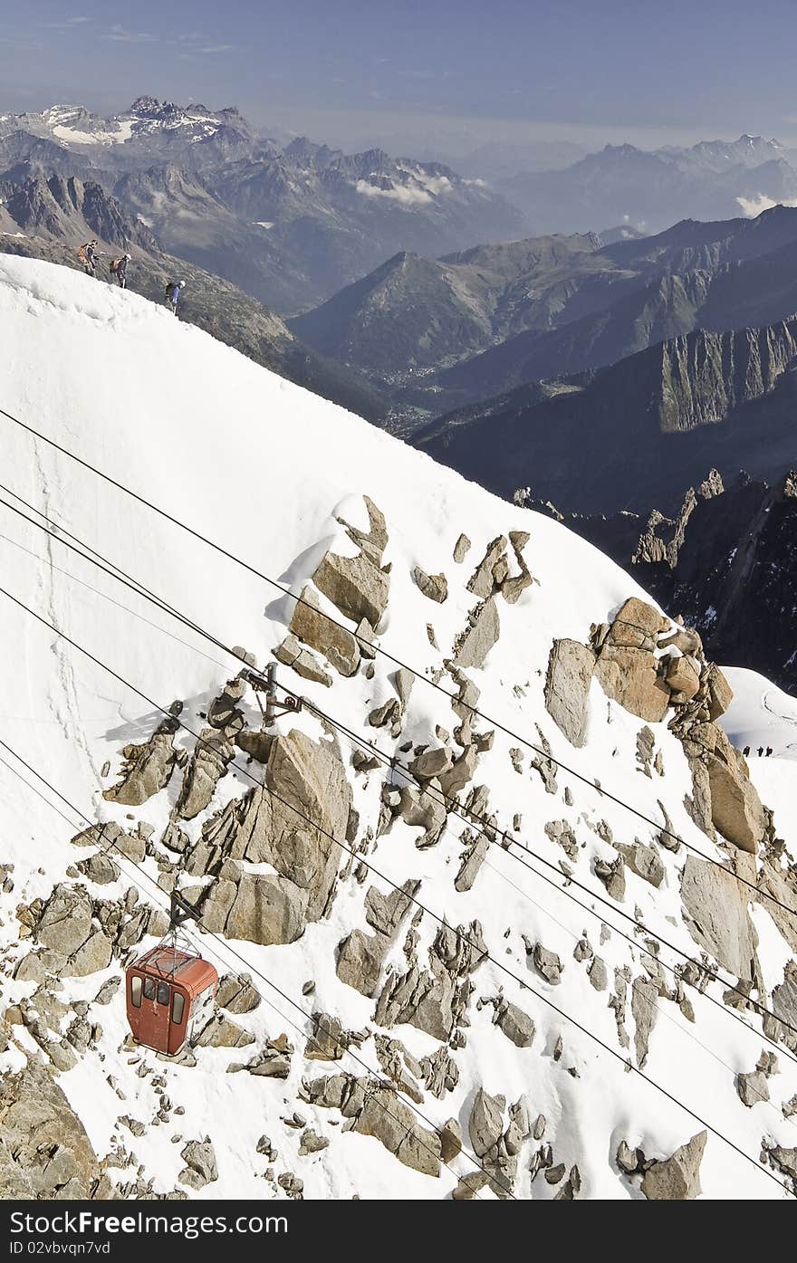 From the summit of l'Aiguille du Midi (3,842 m), the views of the Alps are spectacular. In this picture, you can see the old cable car nowadays is no longer used. From the summit of l'Aiguille du Midi (3,842 m), the views of the Alps are spectacular. In this picture, you can see the old cable car nowadays is no longer used.