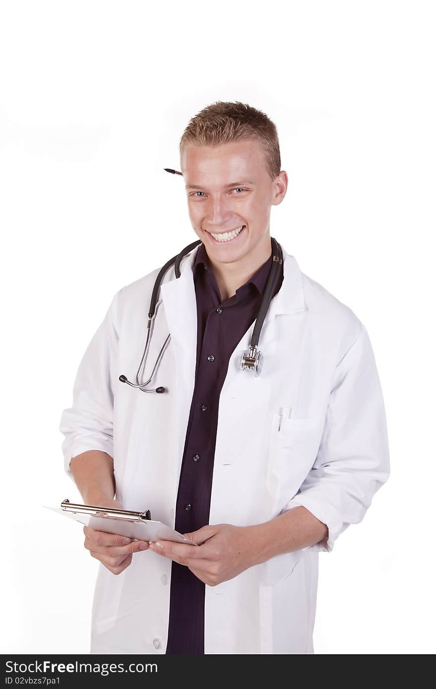 A male doctor holding his patients chart with a smile on his face. A male doctor holding his patients chart with a smile on his face.