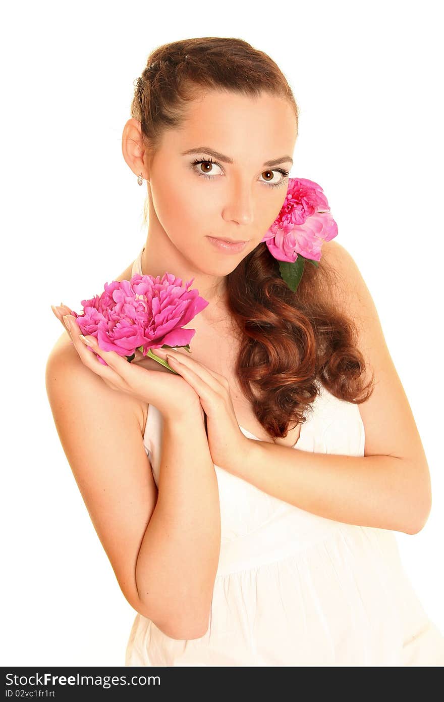 Beautiful young woman with pink flower isolated on white. Beautiful young woman with pink flower isolated on white