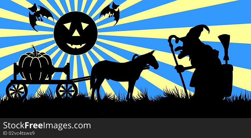 Vector drawing symbolizing Halloween consisting of a horse and wagon, pumpkins, bats and witch. Vector drawing symbolizing Halloween consisting of a horse and wagon, pumpkins, bats and witch