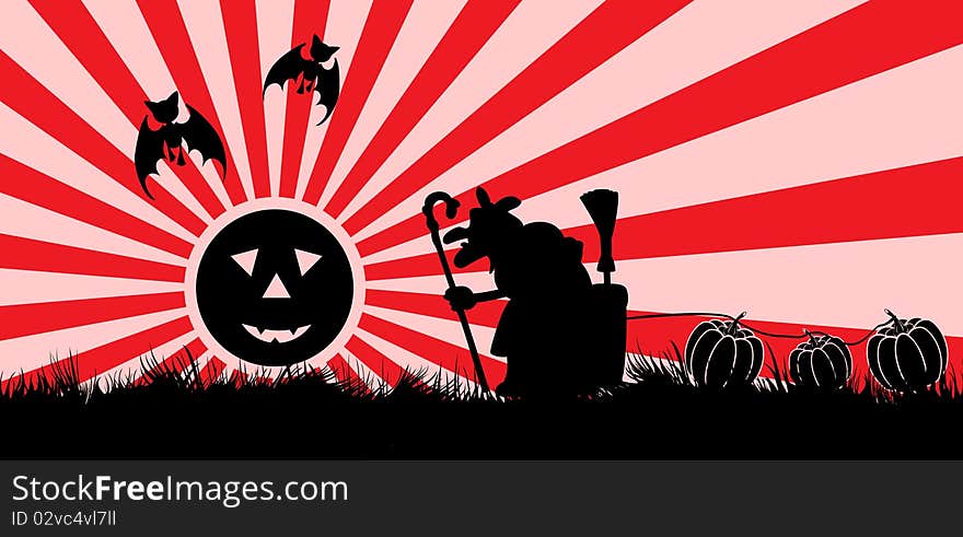 Vector drawing symbolizing Halloween consisting of witch, three pumpkins and bats. Vector drawing symbolizing Halloween consisting of witch, three pumpkins and bats