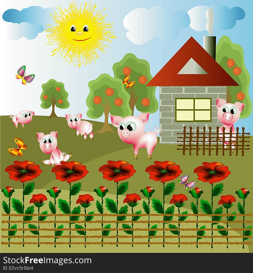 Village with funny pigs and poppies