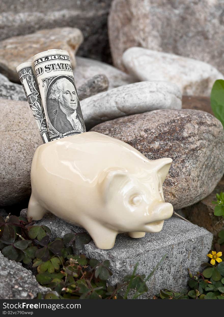 Old porcelain saving pig with dollar banknotes. Old porcelain saving pig with dollar banknotes.