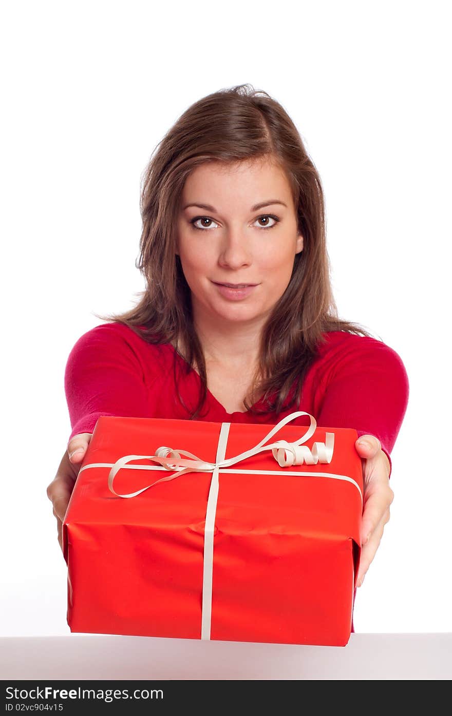 Woman Giving Red Gift Box