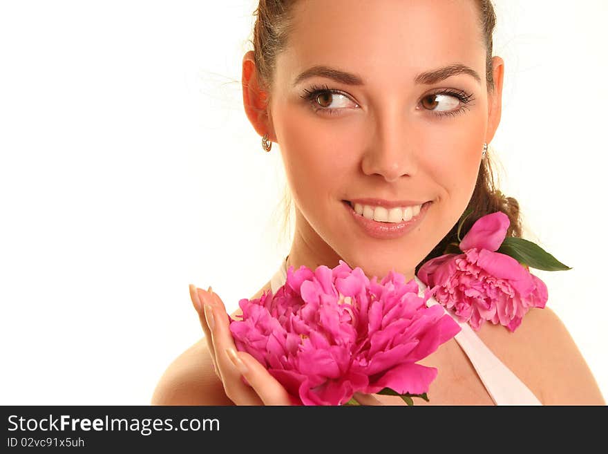 Beautiful young woman with pink flower isolated on white. Beautiful young woman with pink flower isolated on white