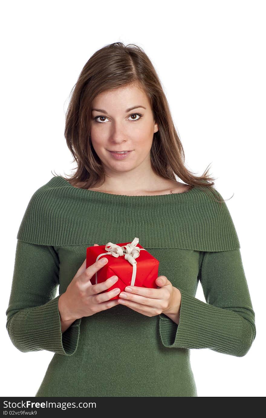 Women holding red gift with white background