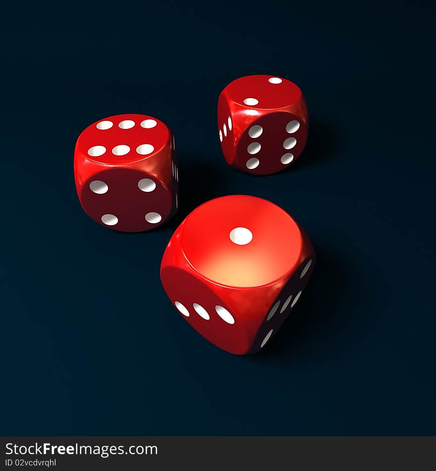 Three red dice on a blue background. Three red dice on a blue background