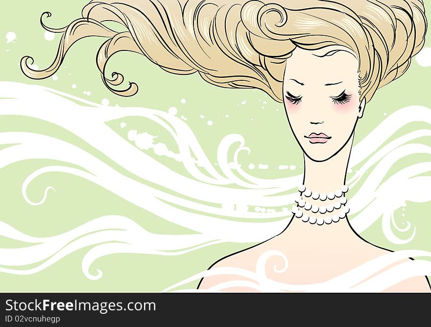 Portrait of a beautiful girl with a necklace, vector illustration