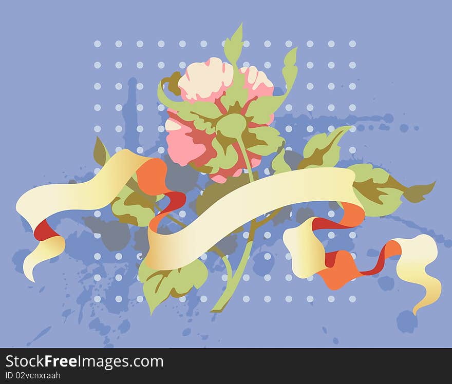 Rose and a banner on grunge background with ink splashes, vector illustration