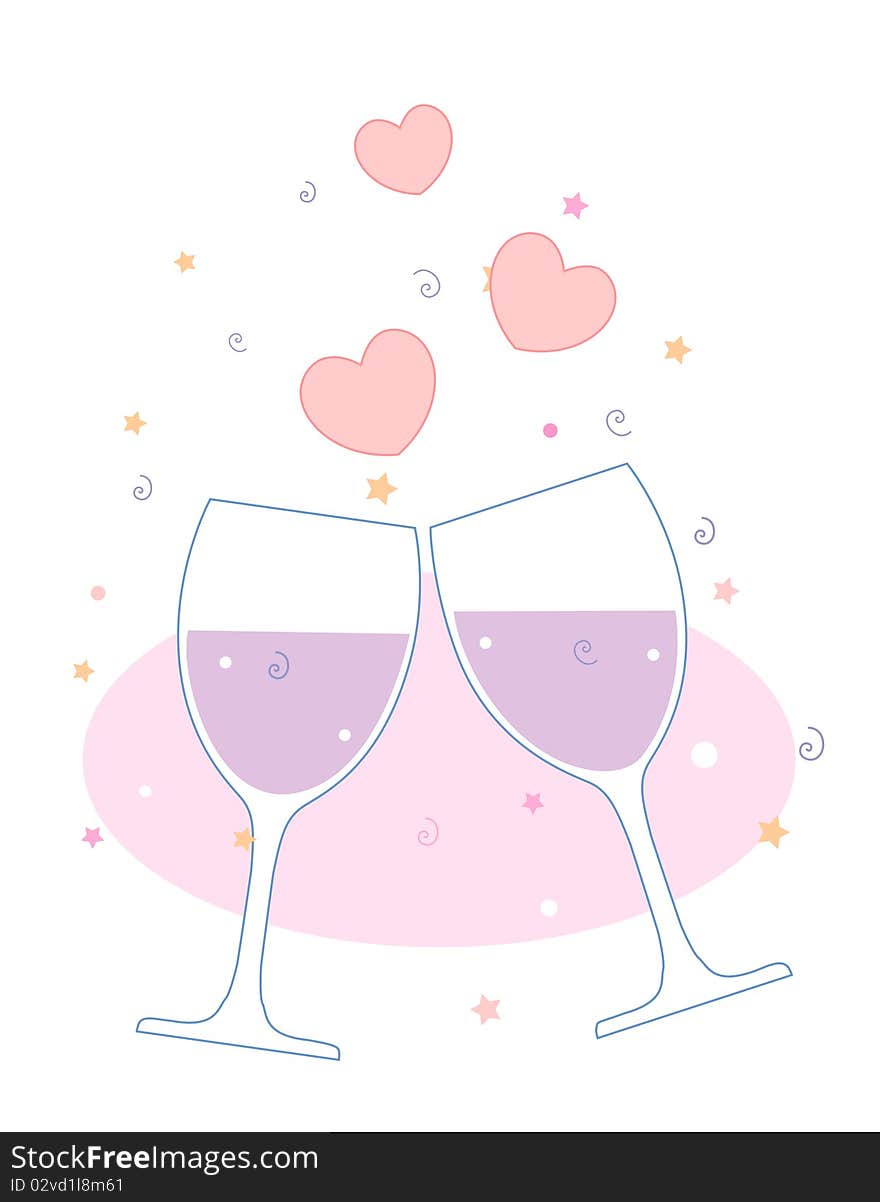 Vector illustration of glasses with champagne on falling confetti background. Vector illustration of glasses with champagne on falling confetti background