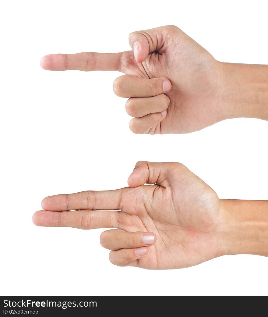 Two different gesturing hands pointing at something