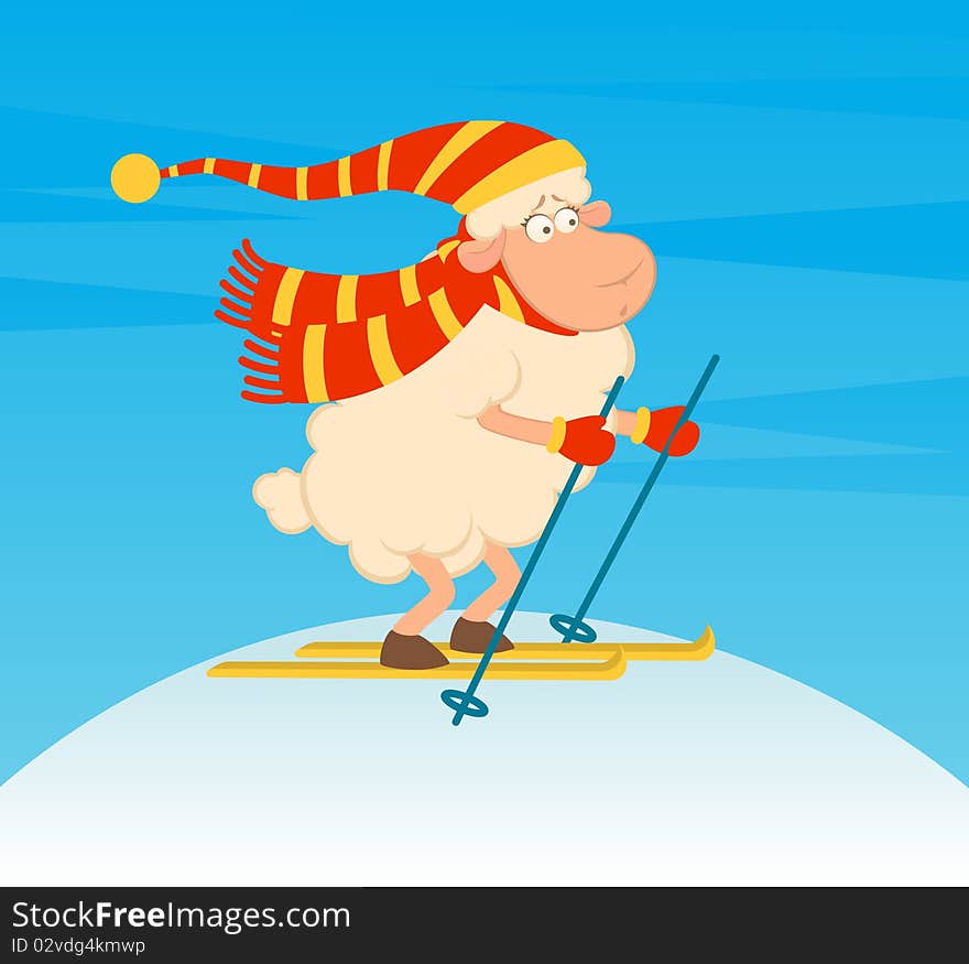 Cartoon funny skier sheep.for a design