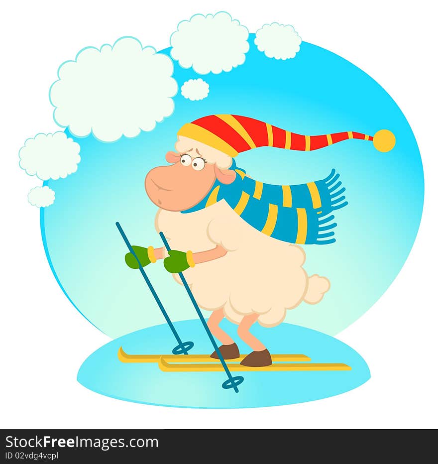 Cartoon funny skier sheep.