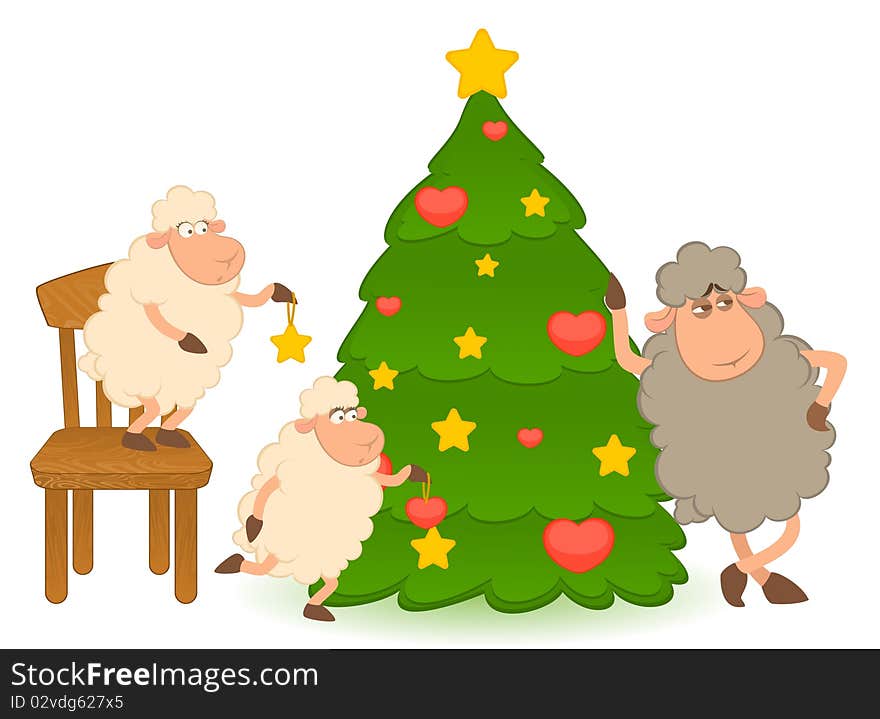 Cartoon funny sheep dresses up a fir-tree.