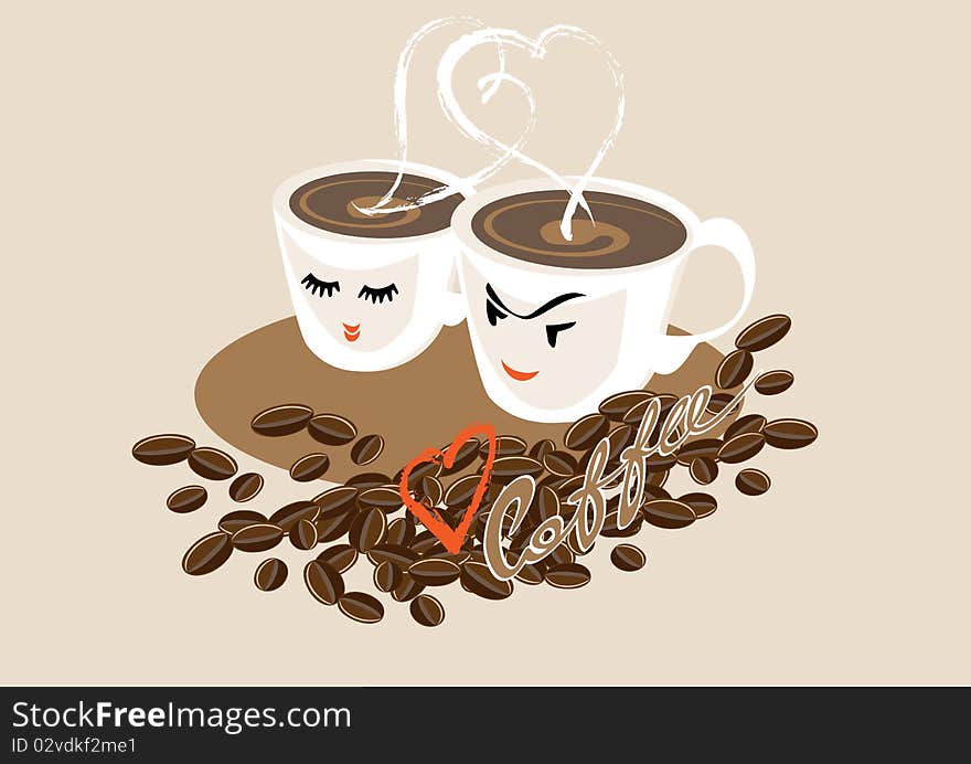 Two cups of coffee and coffee beans