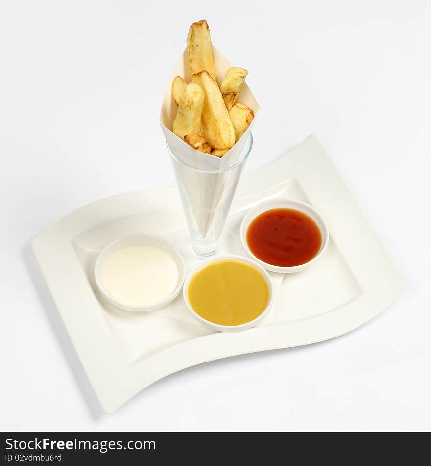 French fries and different sauces isolated on white background