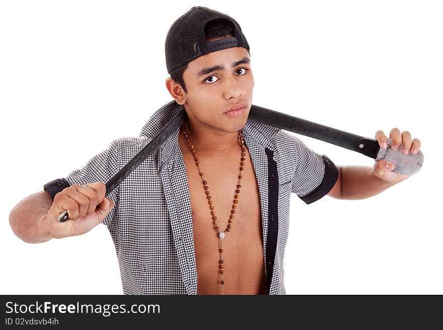 Young and handsome latin man, with a belt - as a bad boy isolated on white, studio shot