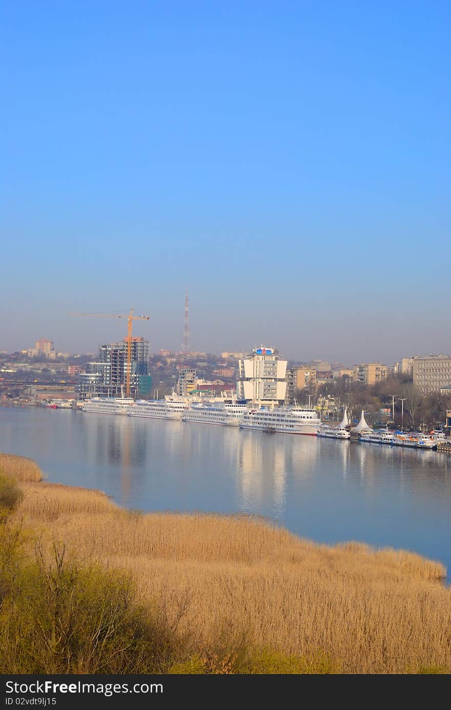 Seaport. Harbour and under construction hotel. Rostov-on-Don. Russia