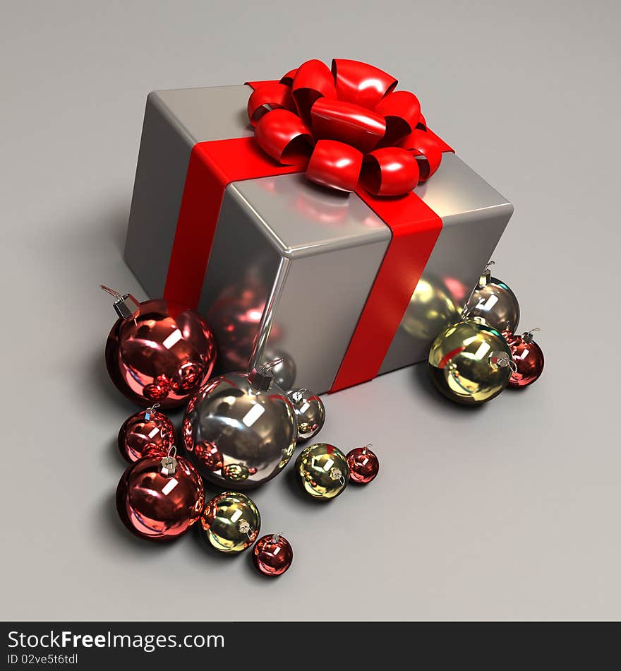 Christmas gift and ornements on grey background