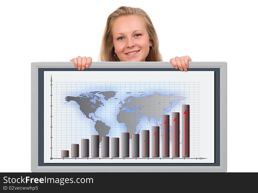 Young woman holding a 3d rendered financial graph board in her hands. Young woman holding a 3d rendered financial graph board in her hands