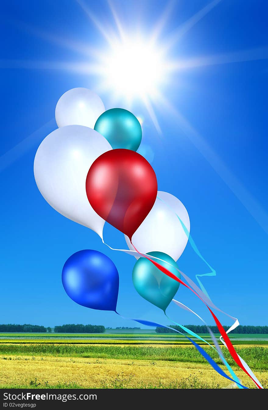 Toy balloons soaring in the blue sky under shining sun. Toy balloons soaring in the blue sky under shining sun