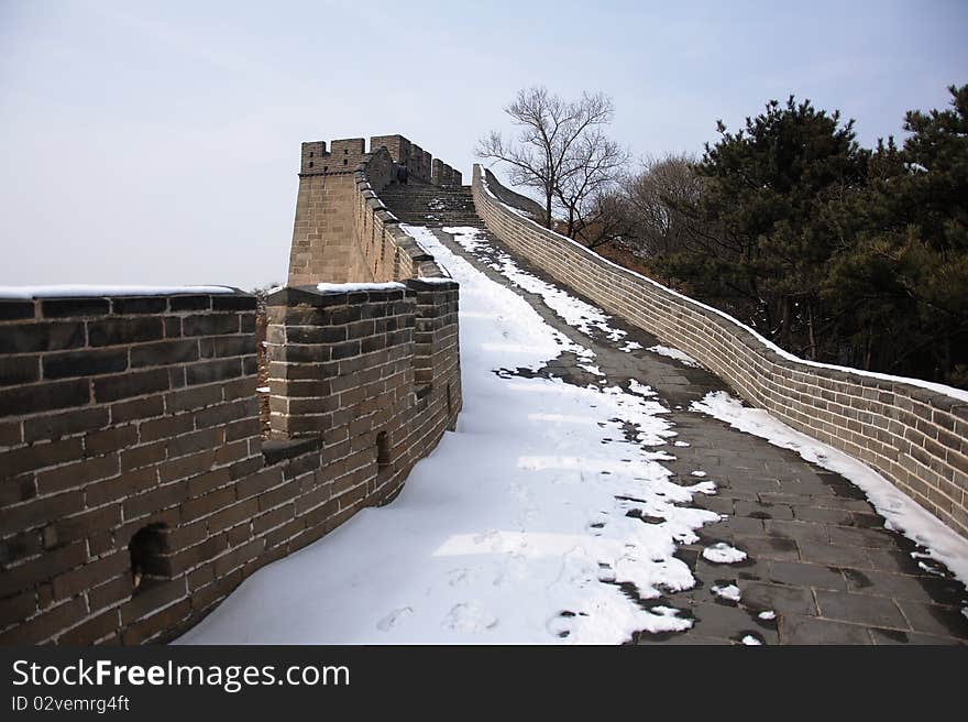 Snow path on the Great Wall in Badaling in Beijing, China