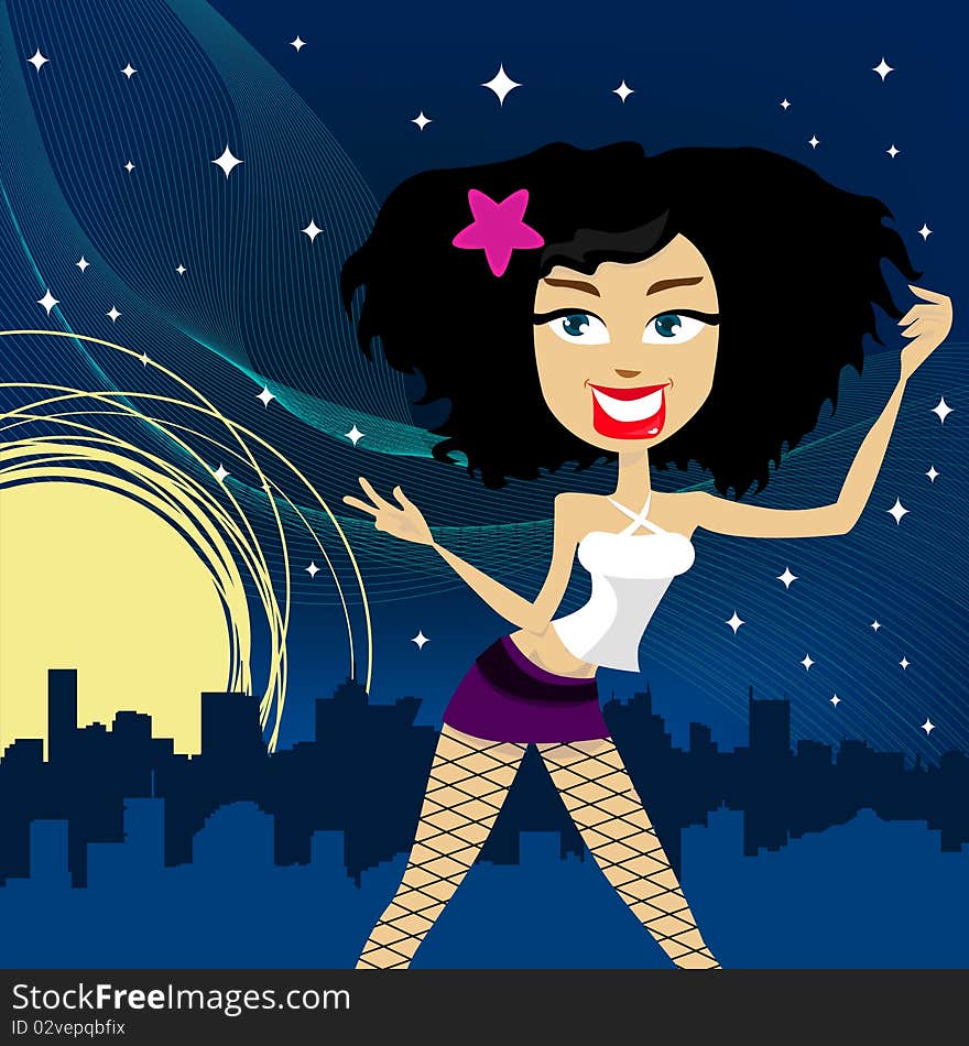 Crazy girl with night city illustration vector